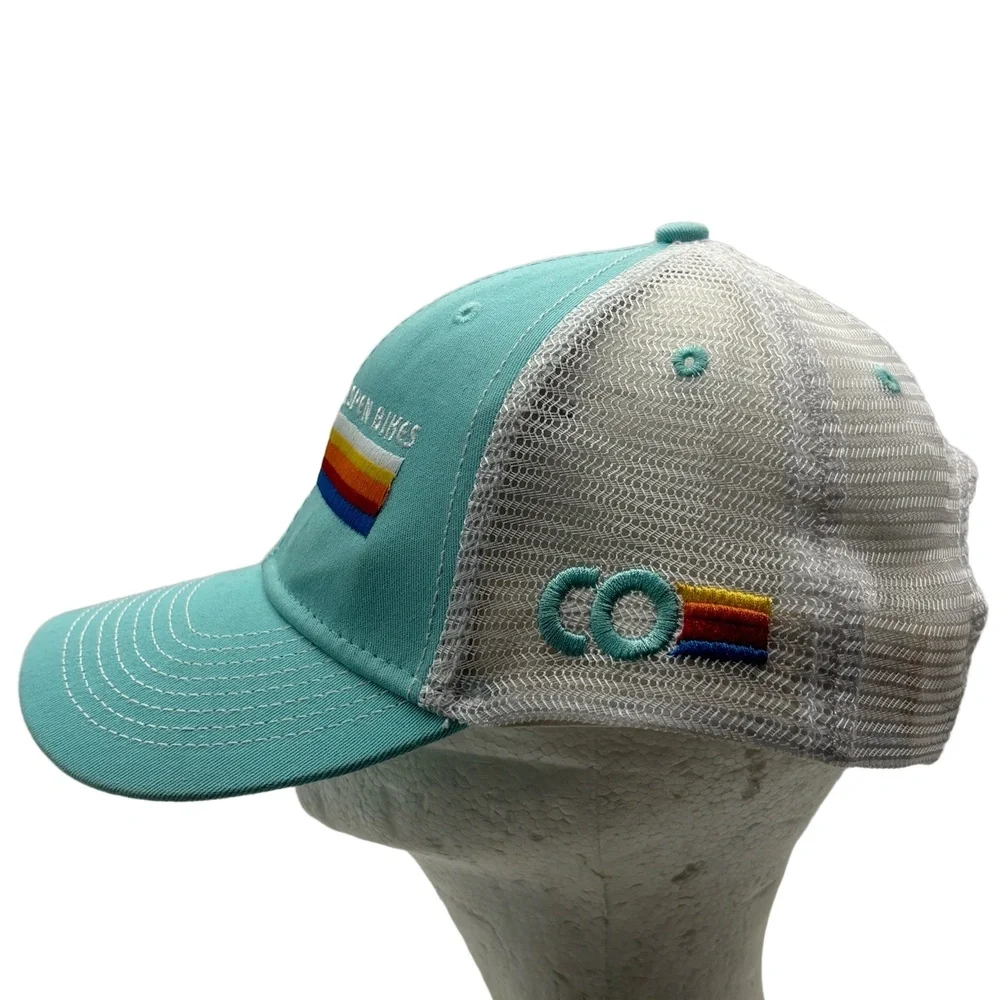 Aspen Bikes Trucker Hat Turquoise White Mesh Snapback Colorado Flag Logo Ouray